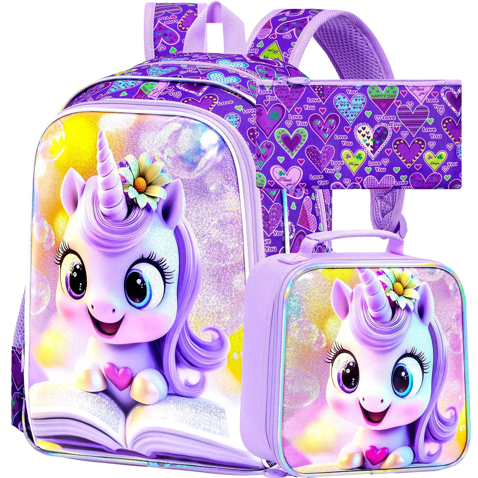 

Рюкзак с единорогом, 3 шт., детская сумка для книг для девочек 16 дюймов с коробкой для завтрака, водонепроницаемая сумка для начальной школы для детского сада, дошкольного возраста T