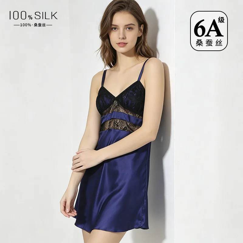 Sexy Hollow Out Silk Slip Dress Women 100% Mulberry Silk Camisole Nightgown Satin Sleepwear Casual Lounge Wear