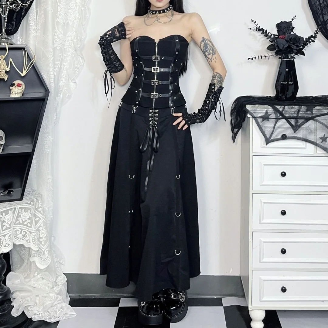 Vintage Gothic A-line Skirt Dark Y2K Style High Waist Bandage Sexy Punk Irregular Skirts Halloween Party Music Festival Clothing