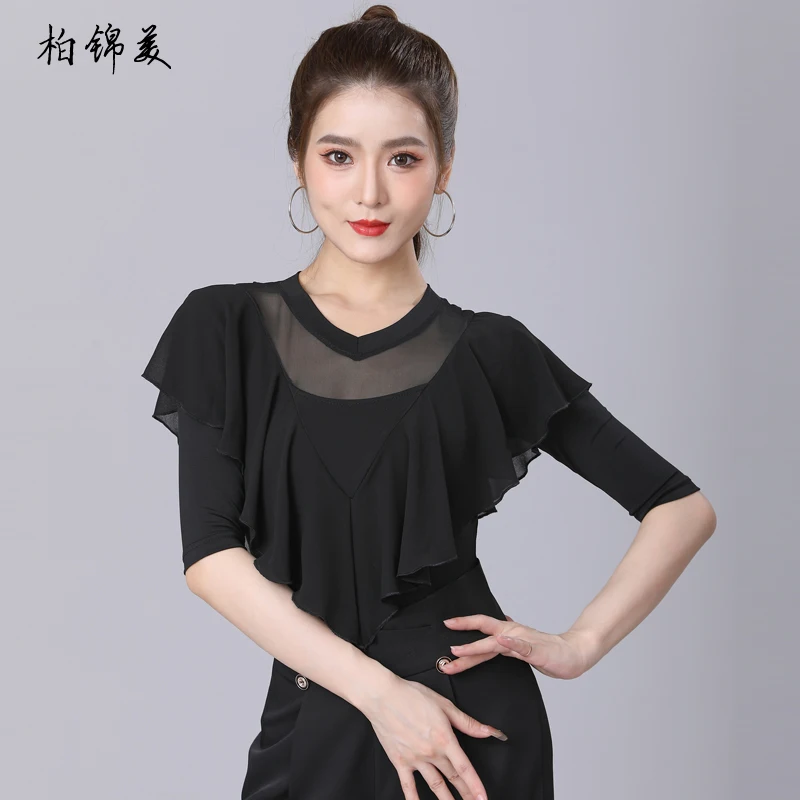 Modern dance blouse women\'s new one-piece middle sleeve Latin dance clothes fashionable mesh V-neck national standard dance perf