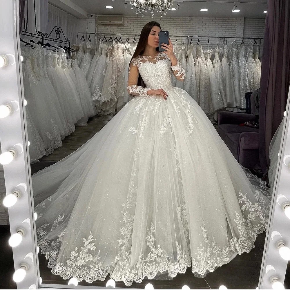 Vestido de novia de manga larga con cuello redondo y cuentas de encaje, vestido de baile de princesa, talla grande