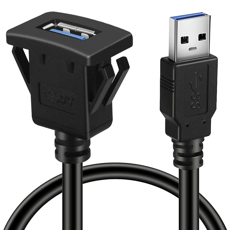 1m 3FT Square Single Port USB 3.0/2.0 Panel Flush Mount Extension Cable for Car Truck Boat Motorcycle Automotive Dashboard Cord