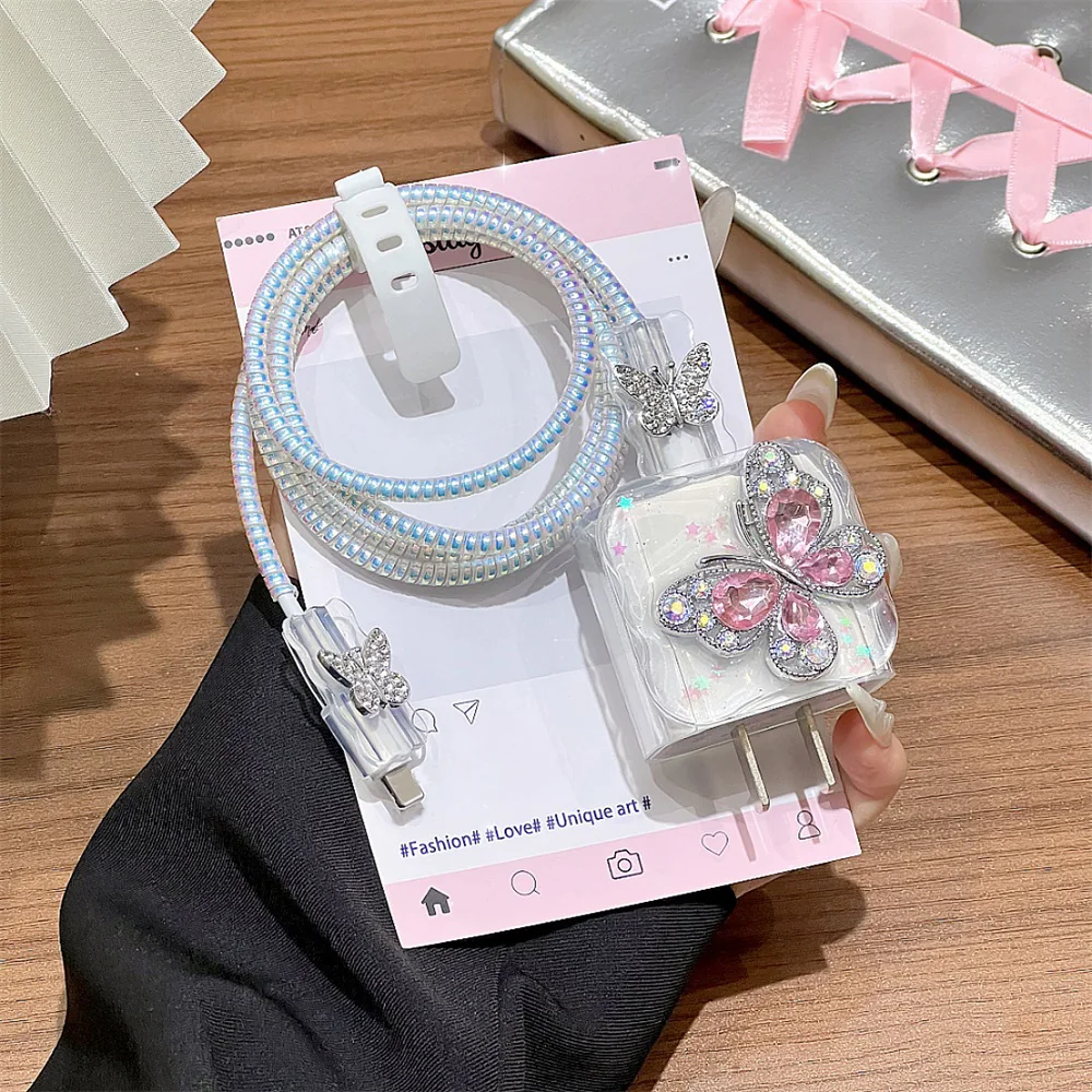 Diamond Butterfly Charger Protective Cover Sleeve Data Cable Winder for iPhone 18/20W Fast Charging Head Protector