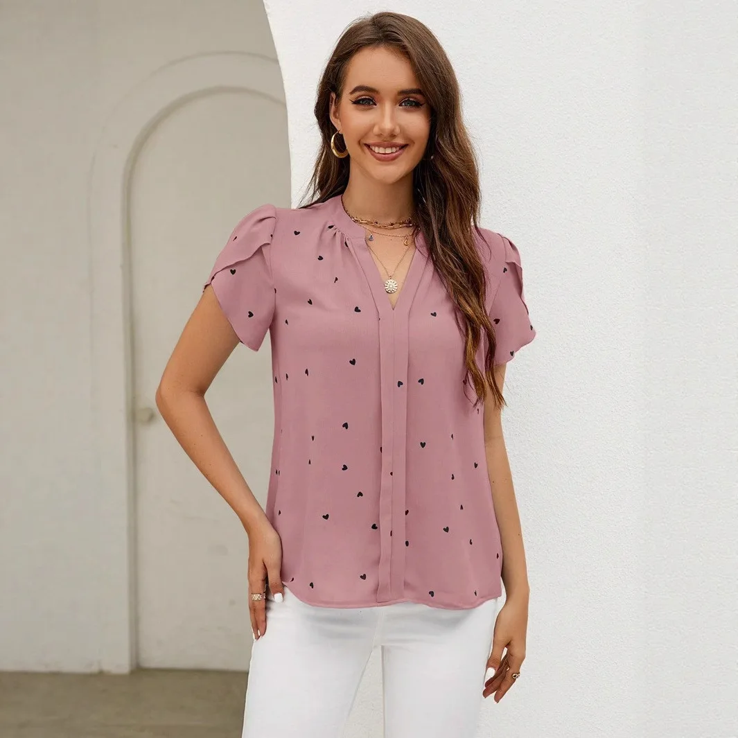 2025 Summer American European New Fashion Women's Heart Flower Printed V-neck Short Sleeve Pullover Shirts Female Clothes Tops