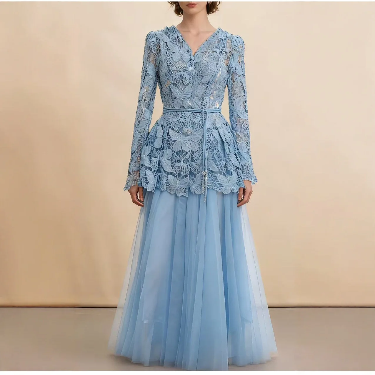 Conjunto de dos piezas de faldas largas de malla para mujer, camisa de encaje con cordones, manga larga, cuello en V, moda francesa elegante, Top de cintura alta, corte en A, otoño