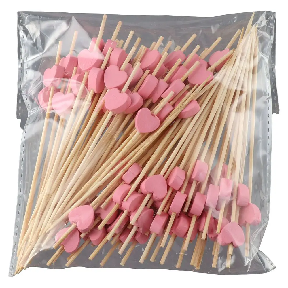 100Pcs Heart-Shaped Fruit Toothpicks Pink Disposable Sushi Stick 4.7 Inch Natural Bamboo Toothpicks