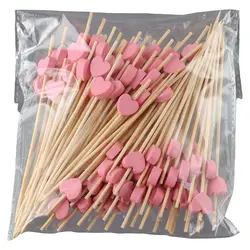 100Pcs Heart-Shaped Fruit Toothpicks Pink Disposable Sushi Stick 4.7 Inch Natural Bamboo Toothpicks