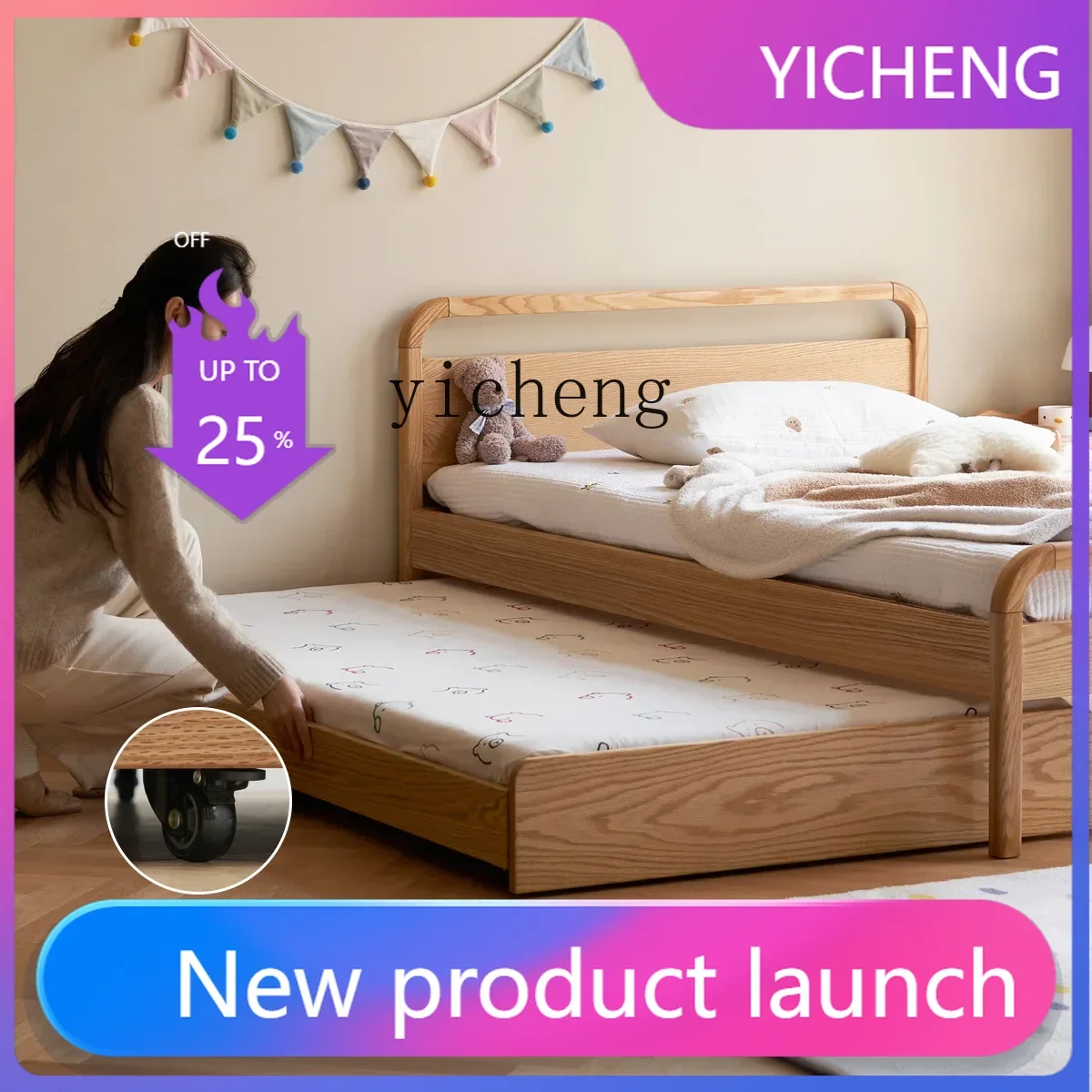 

Solid Wood Bunk Bed Small Apartment Single Bed Oak Bed with Mop Simple Tatami