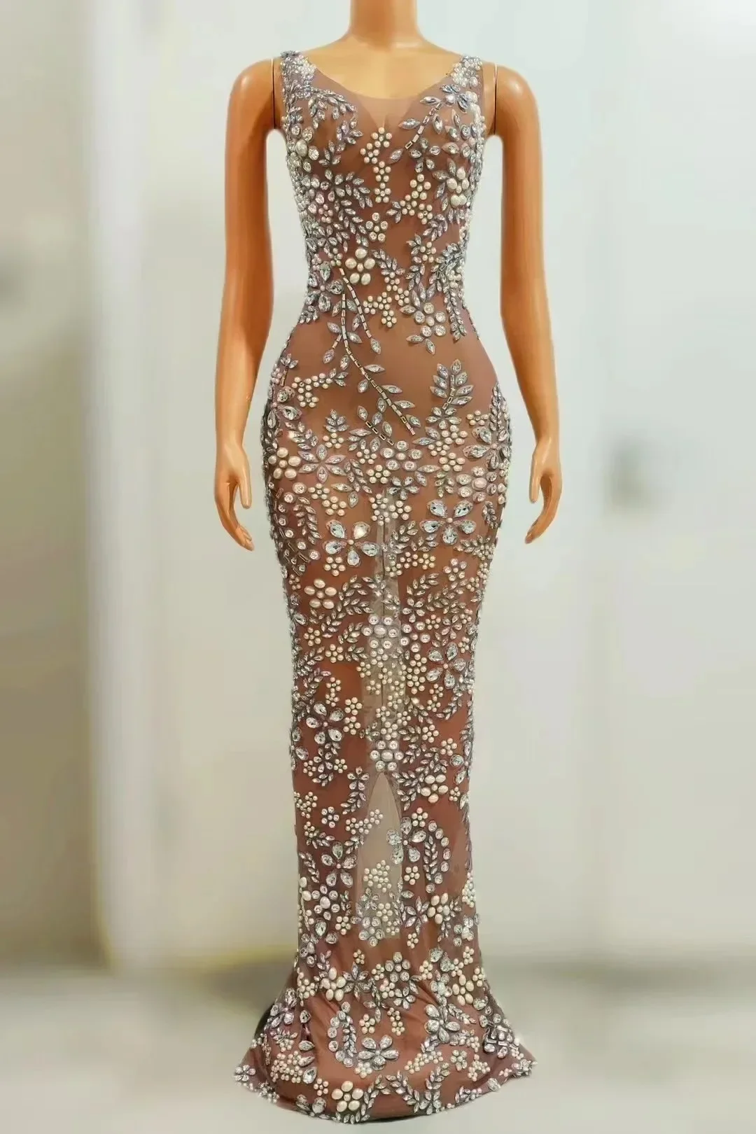 Luxury birthday dress Sheer Sleeveless Sparkly Crystals Beaded Dresses,Holiday Party Prom Dresses woman sexy new year dresses