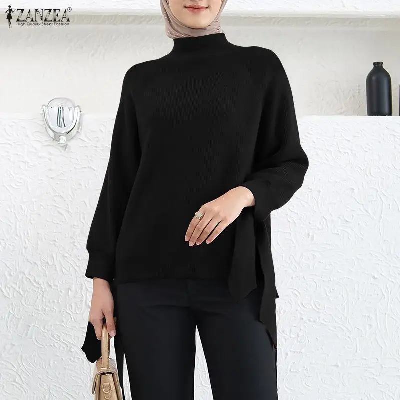 ZANZEA Hijabs musulmanes, suéteres acanalados de punto para mujer, cuello alto modesto, manga larga, puños atados, jersey de Color sólido para mujer, Tops 3XL