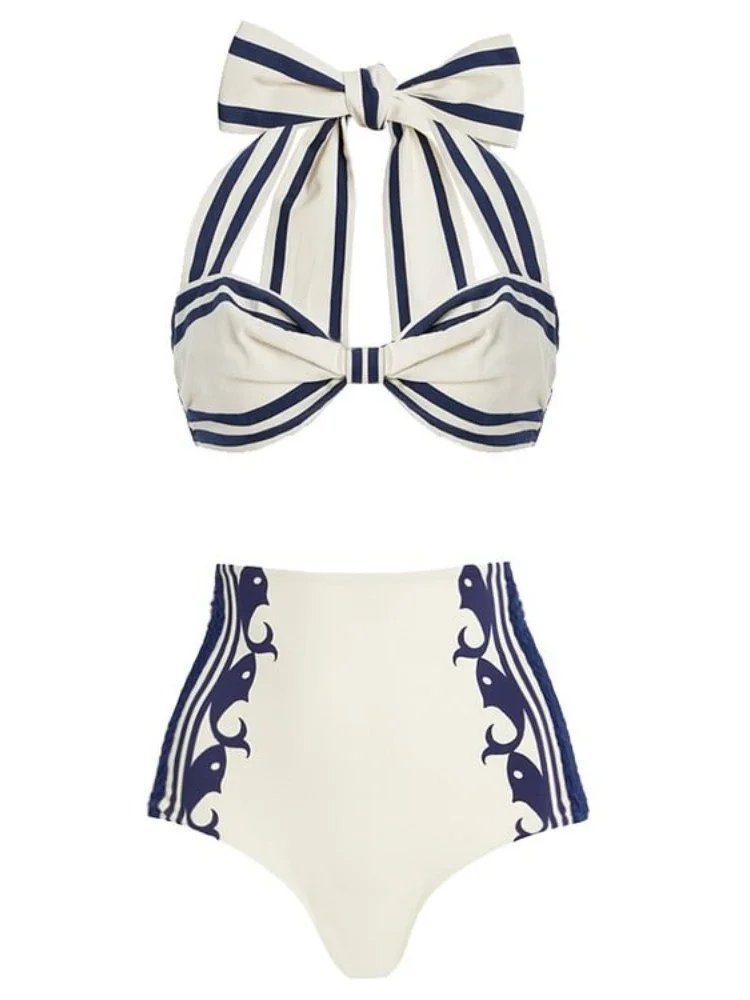 Flaxmaker 2025 Summer Navy Style Printed Bikini Swimsuit and Shorts Vintage Print Vacation Beachwear Luxury Bathing Suit femme - Image 6