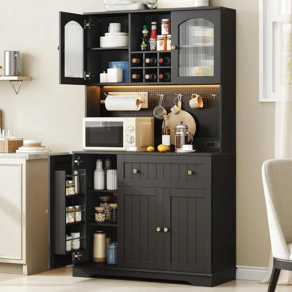 Gabinete de despensa de cocina de 71 pulgadas con estante para microondas y estantes para puertas, aparador de cocina con salida y luz LED, almacenamiento de despensa de madera