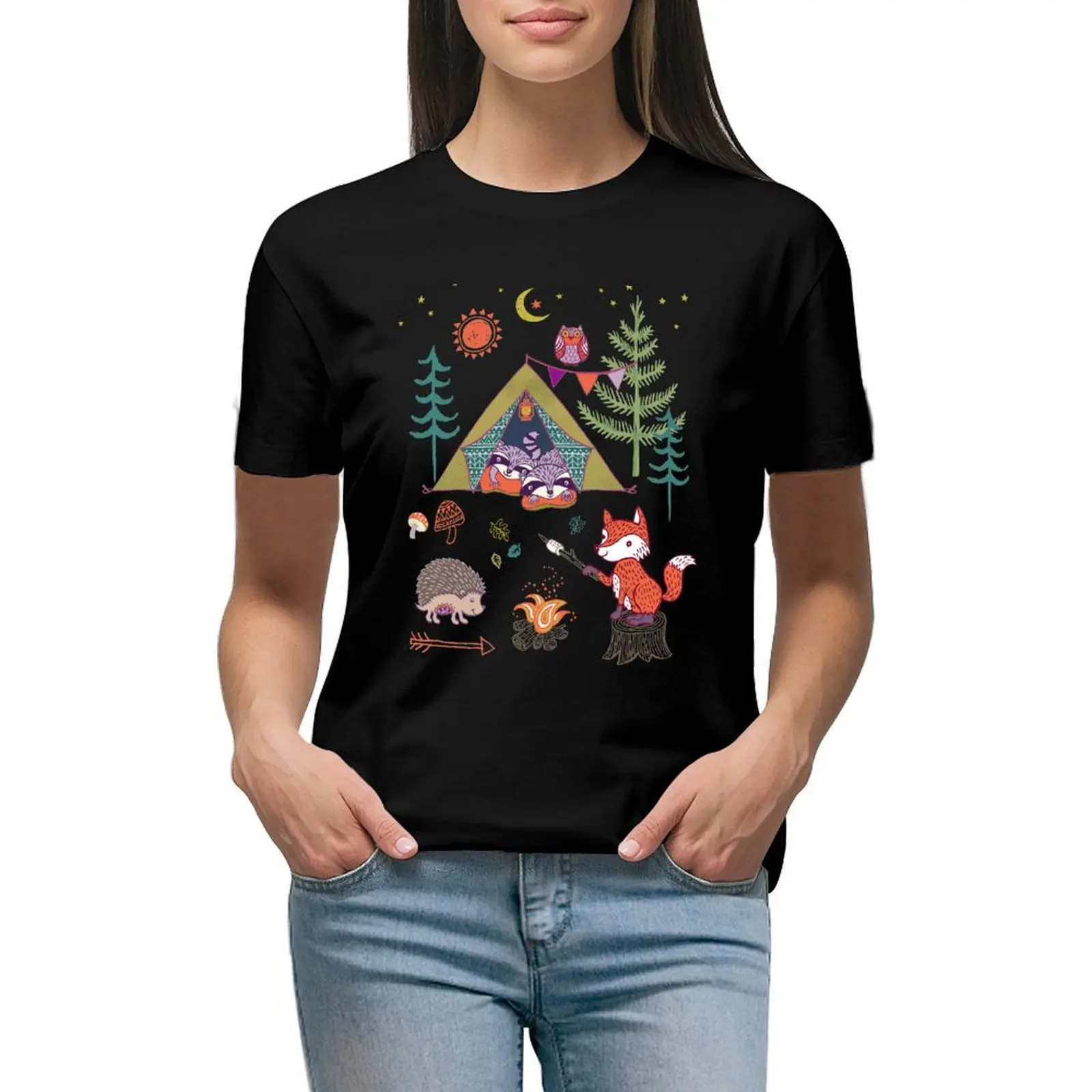 

Woodland Animals Campout T-Shirt customs design your own Aesthetic clothing anime cute clothes tops for Women