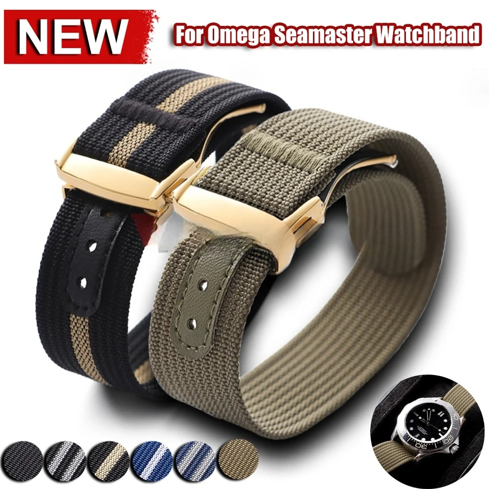 

Gold Black Buckle Watch Band for Seiko Fabric Bracelet Wristbelt for Omega 20mm Men's Army Sports Breathable Braided Nylon Strap