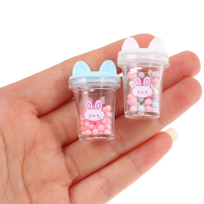 2Pcs/lot 1:12 Dollhouse Miniature Drinks Cute Mini Milk Tea Cups with Cat Ears Beverage Modle Toys Doll House Decor Accessories