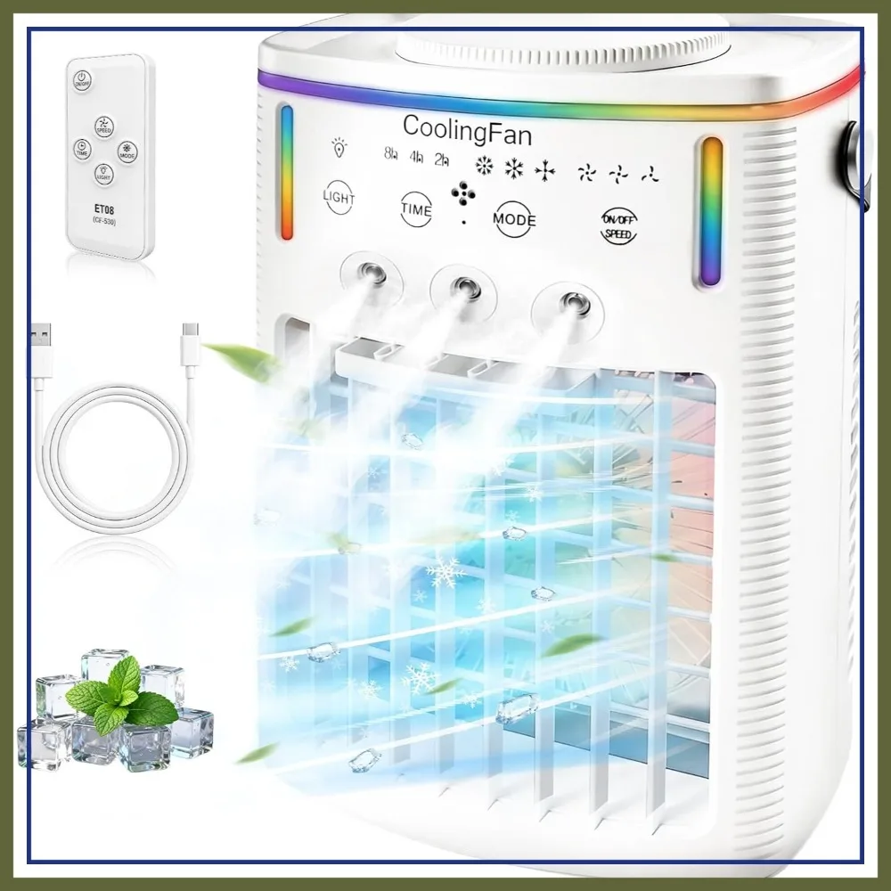 

2026 New 1500ML Portable Air Conditioner Fan with 7-Color LED & Remote, 3 Modes & Speeds for Bedroom Office Camping