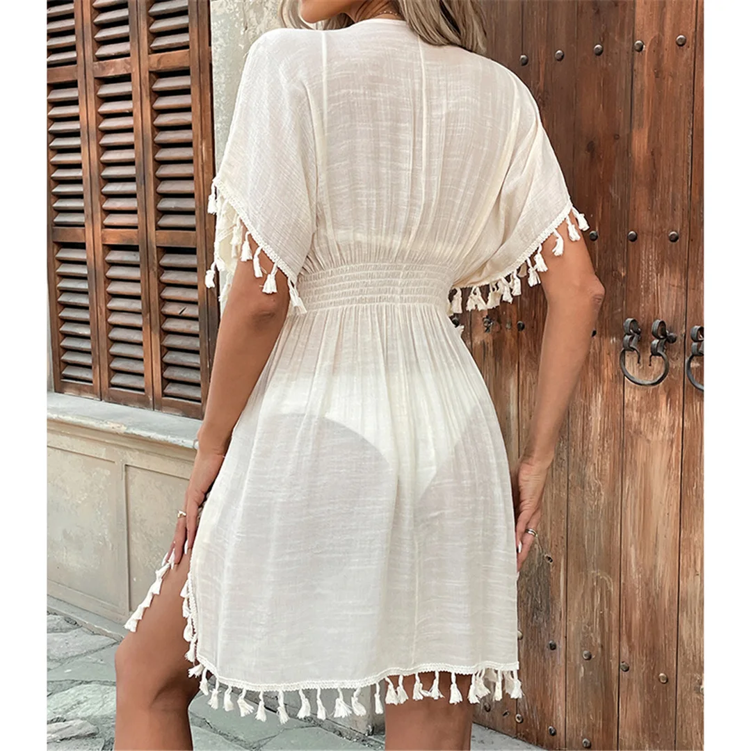 V-Ausschnitt, mit Fransen versehen, kurzärmelig, gehäkelt, gestrickt, Strandkleid, Tunika, Strandmode, Damen-Strandkleid, Strandüberwurf, Damen V6603 – Detail 8