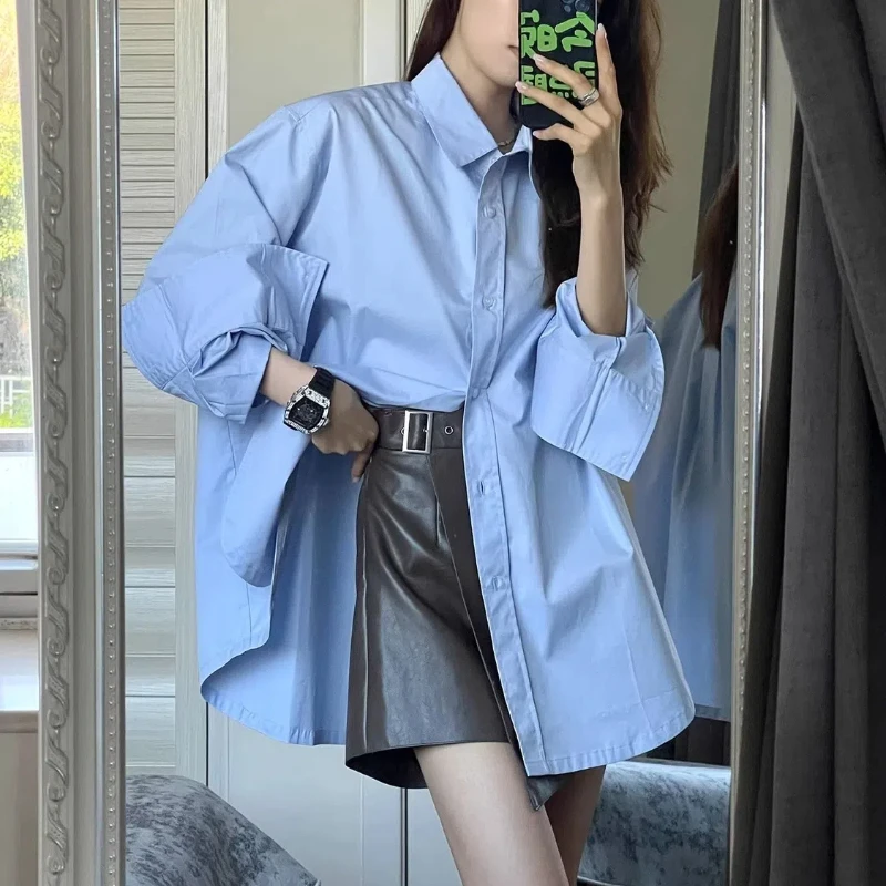 White Split Hem Asymmetrical Loose Blouse Spring New Long Sleeve Polo Neck High Street Shirt Tops Fashion Casual Women Clothing