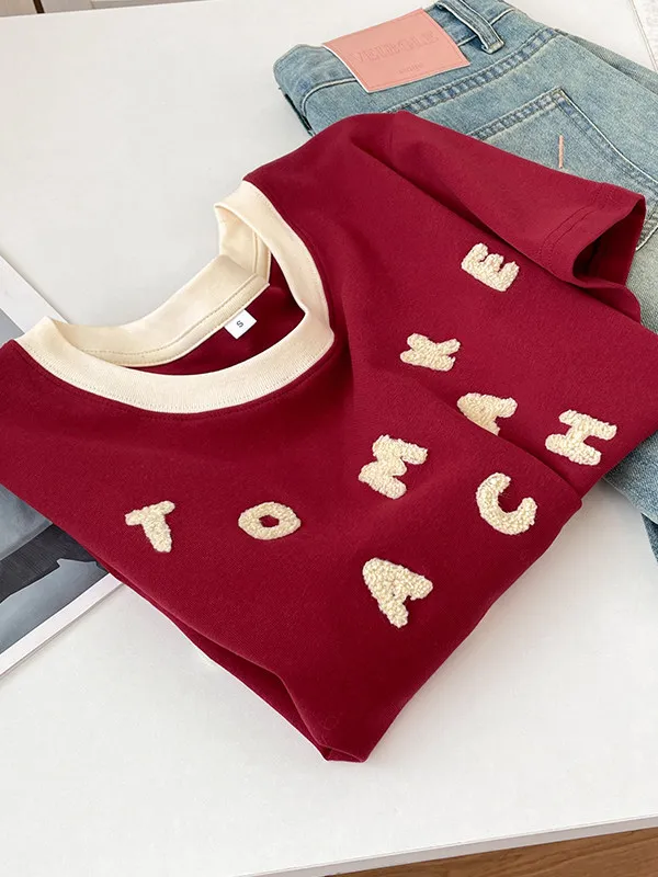 Comfortable Skin-Friendly Short-Sleeve T-Shirt Korean Style round Neck Embroidered Flocking English Letter Casual Loose Fit