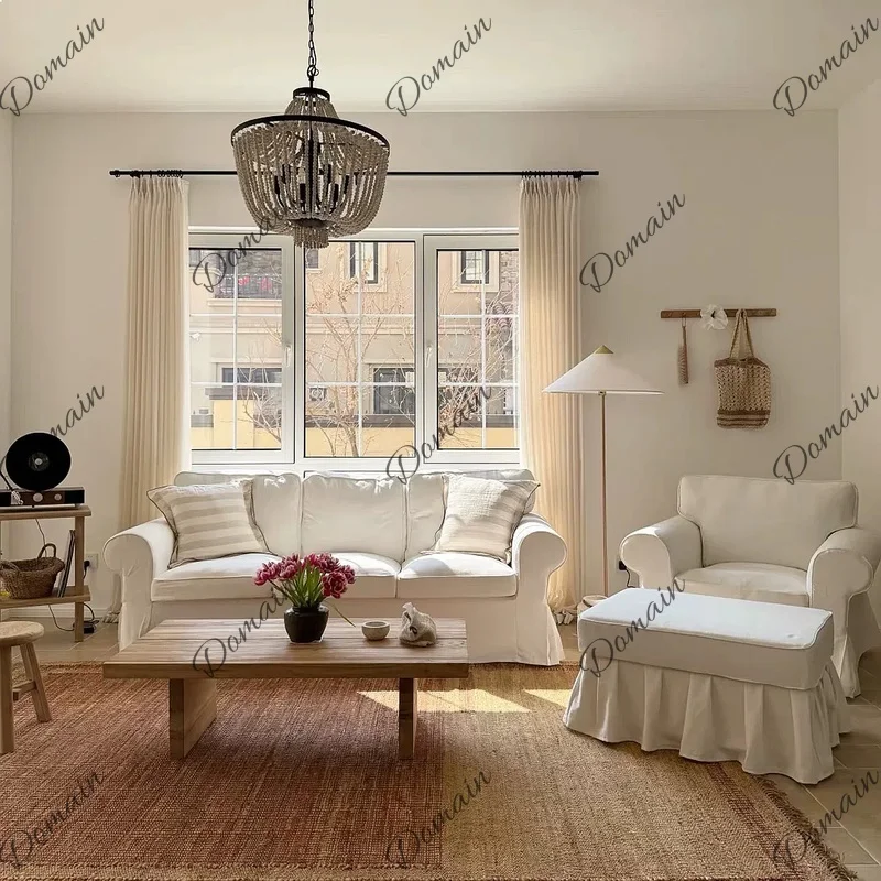 White fabric sofa combination removable and washable straight row French wabi-sabi cotton and linen size arc photography photo