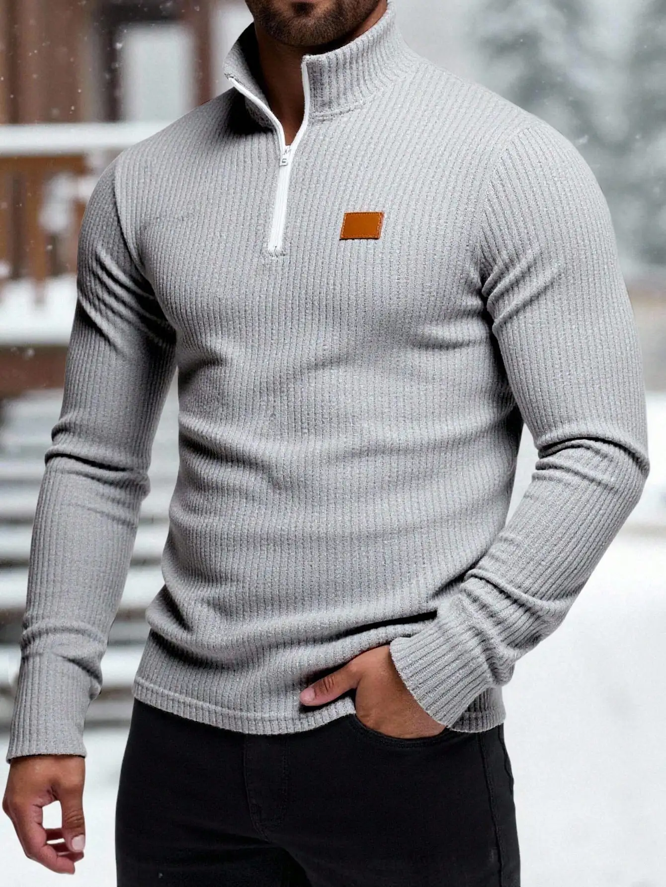 Camiseta Térmica de Manga Larga con Media Cremallera y Canalé Gris para Hombre, para Uso Diario en Invierno y Actividades al Aire Libre