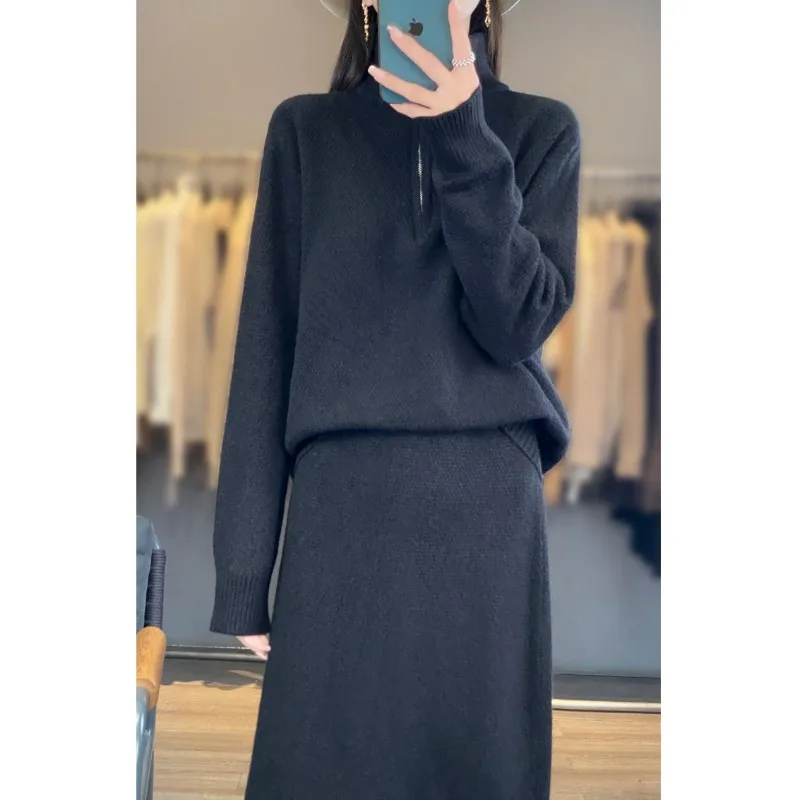 Outono e inverno novo meio zíper gola alta camisola + moda malha meia saia conjunto de duas peças e12220