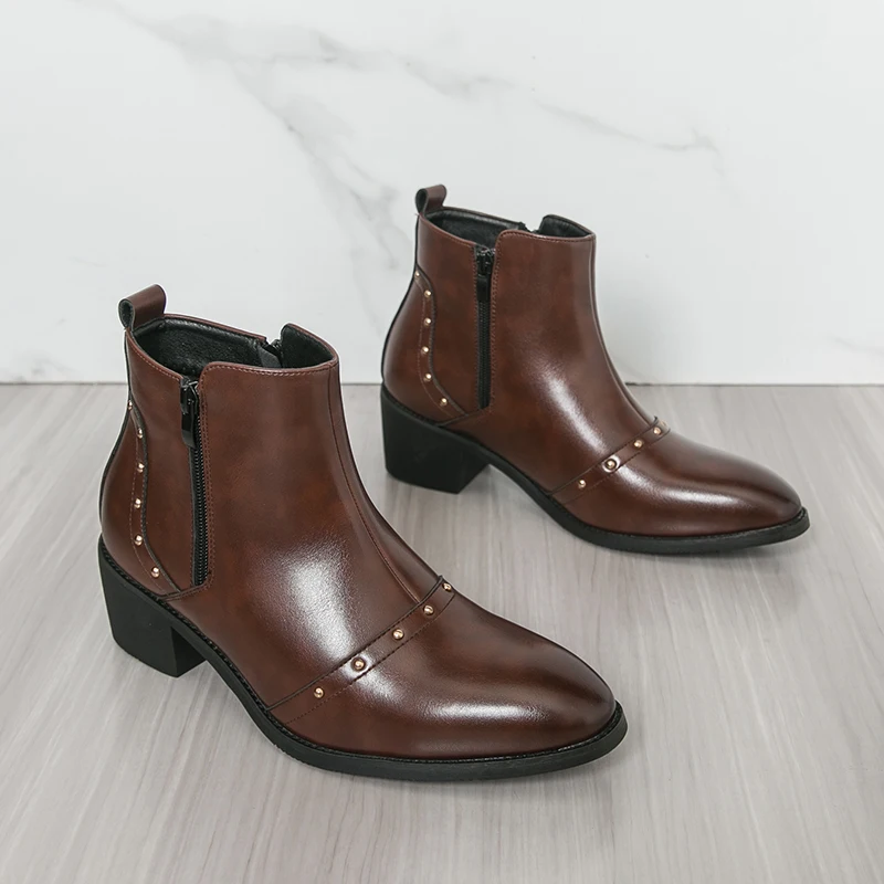 

Men Business High-top Chelsea Boots Dark Brown Side Zipper Versatile Comfortable Fashionable Ankle Boots Social Boots Size 38-46