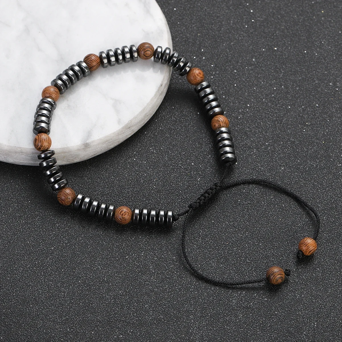 New Fashion Black Hematite Wood Beads Bracelet for Women Men Handmade Weaving Adjustable Rope Bracelets Homme Jewelry Gift