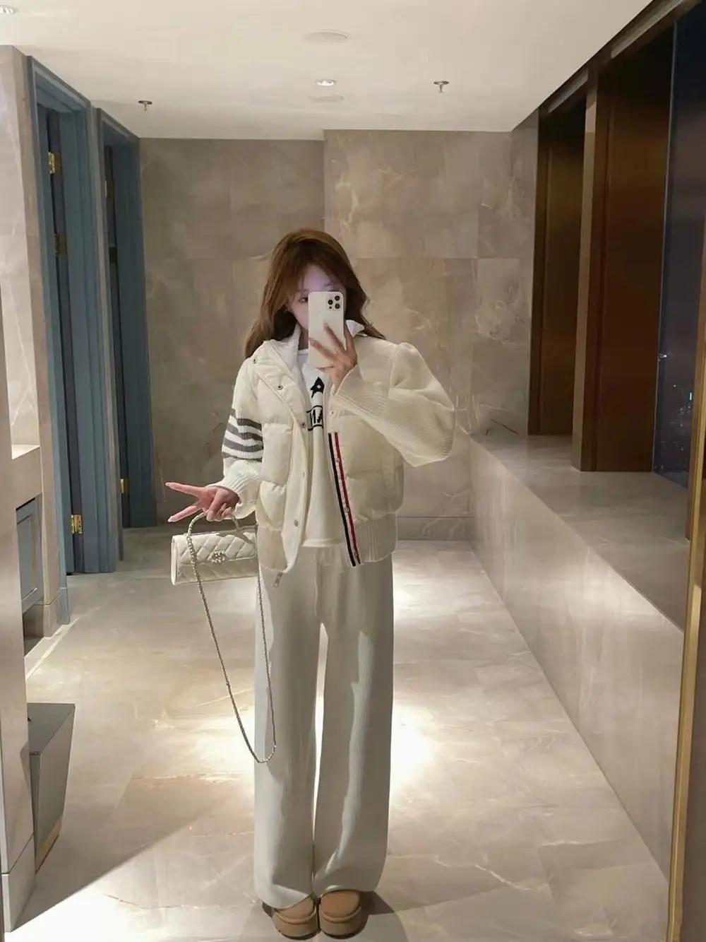 

Осень-зима, новинка, вязаная куртка с воротником-стойкой в стиле пэчворк, женская куртка 90, белое пальто Du down ort College Sle