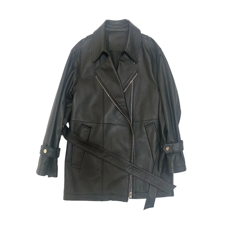 Women's Genuine Sheepskin Leather Windbreaker Mid-Length Casual Motorcycle Jacket Haining Style Coa