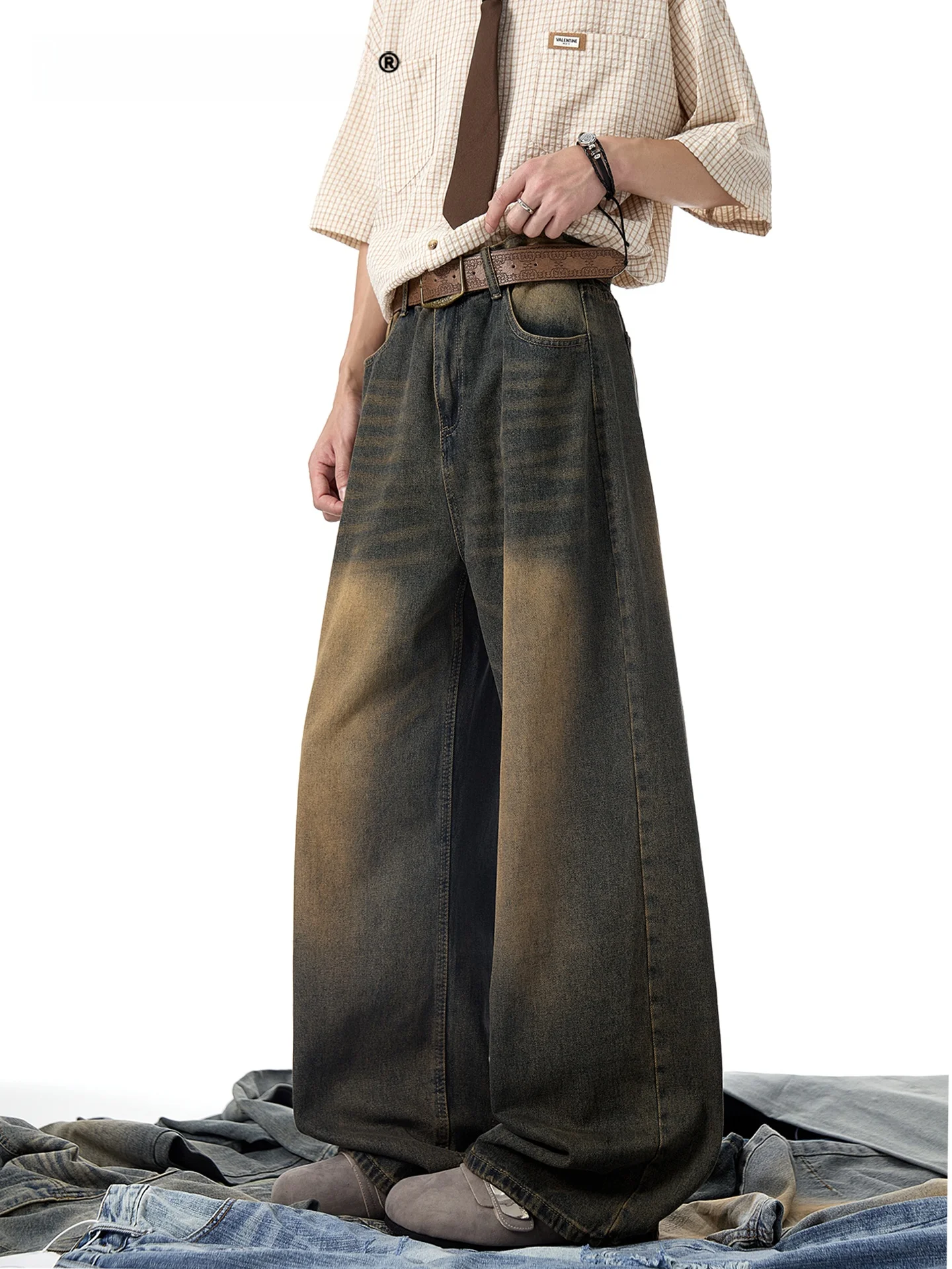 SDMADE American Style Vintage Washed Jeans Loose Wide Leg Pants Men's Fashion Casual Wear Resistant Blue Denim Jeans