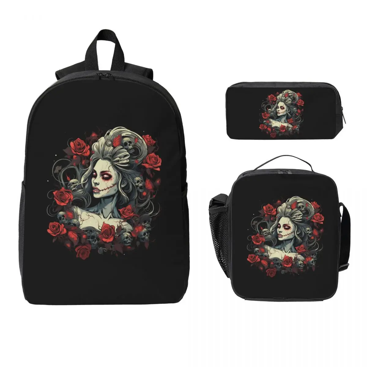 

Las Elegantes Girls Day Of Dead Skull Backpack BookBag School Bag Computer Shoulder Bags 3ps Insulated Lunch Bag Pencil Case
