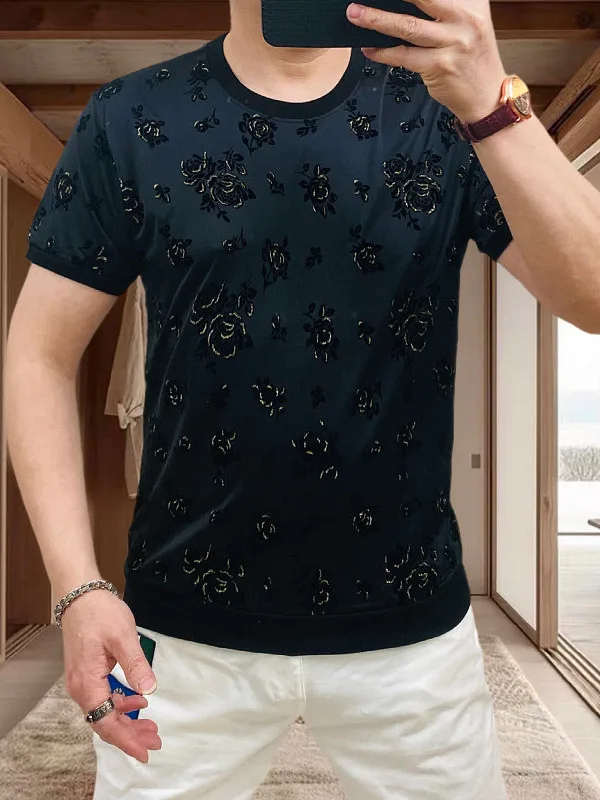 

Модная мужская футболка Slim Fit с коротким рукавом, круглым вырезом, принтом роз, из полиэстера, в городском стиле, летний топ, размер M