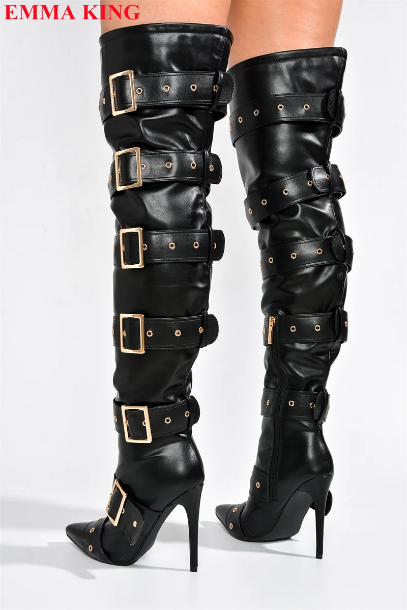 موضة أحذية نسائية بكعب عالي فوق الركبة موضة 2023 أحذية بوت عالية بحزام مشبك للخريف والشتاء أحذية طويلة للسيدات