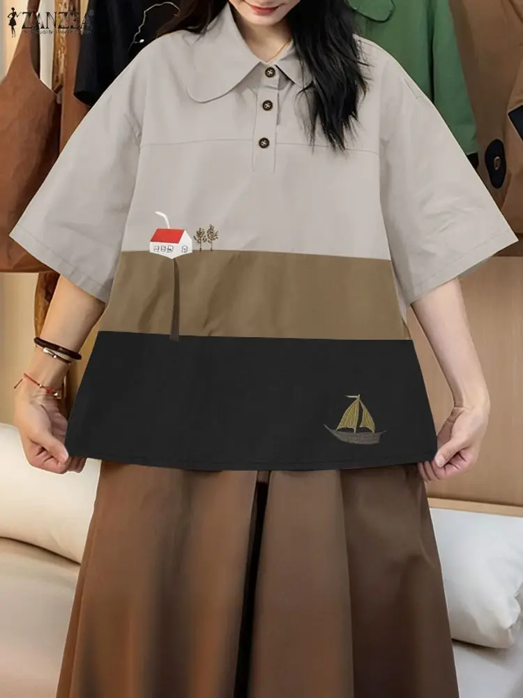 

ZANZEA Women's Contrast-Color Polos Shirts Casual Loose Lapel Short Sleeve Embroidered Blouses Korean Fashion Woman Summer Tops