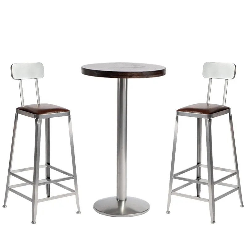 

Wrought iron solid wood tables and chairs simple industrial style bar reception round coffee bar table