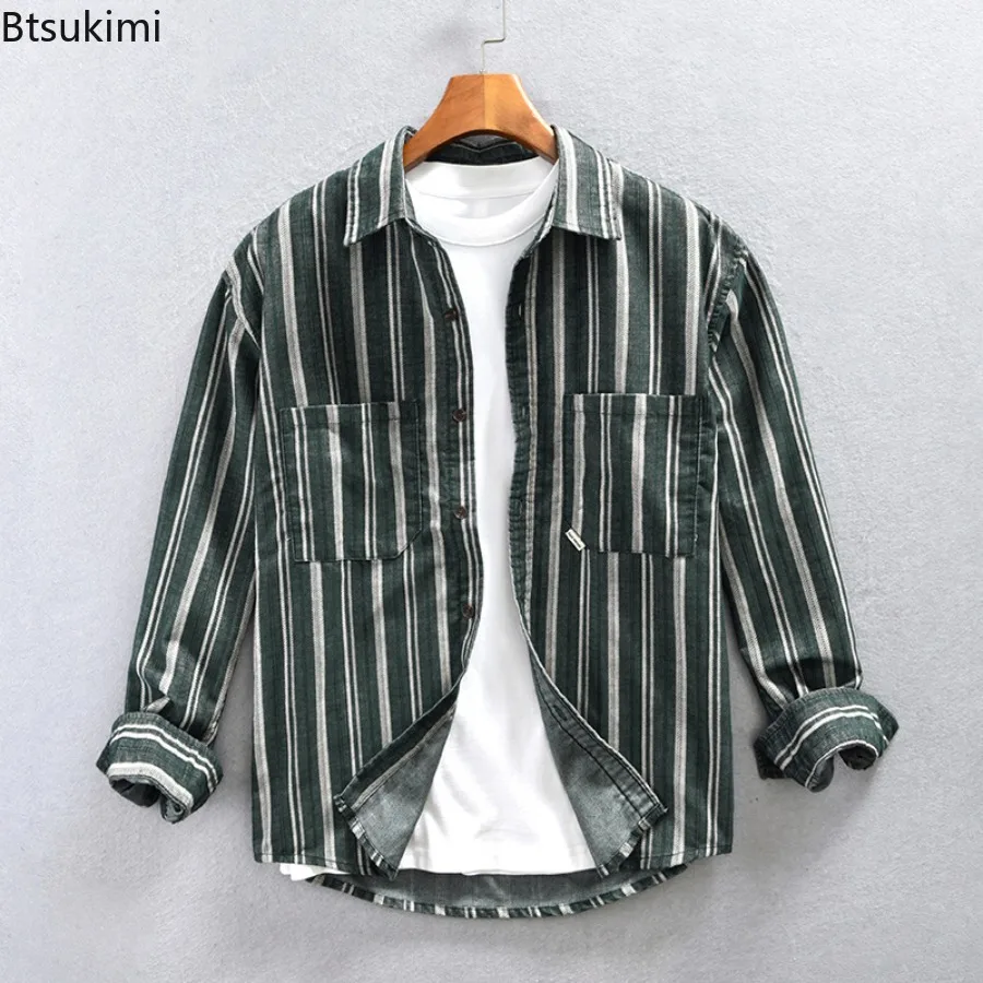 New Vintage Stripe Casual Men's Shirts Spring Autumn Fashion Streetwear Long Sleeve Single Breasted Loose Shirt Coats Youth Tops