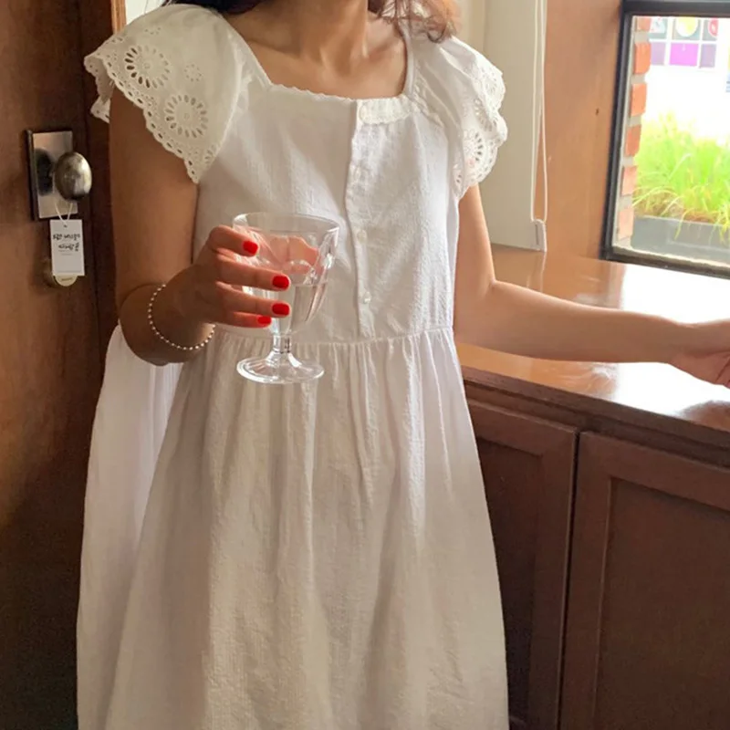 Korea Kawaii Lounge Night Dress Summer Sweet Girl Cotton Lace Short Sleeve Nightdress Victorian Princess Sleepwear Home Clothes