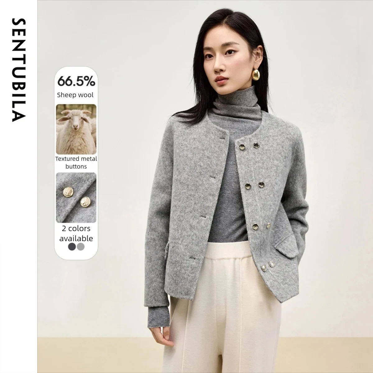 

SENTUBILA шерстяные куртки с круглым вырезом, женские зимние двусторонние шерстяные короткие пальто 2025 года, однотонные искусственные карманы, женская одежда W44O56641