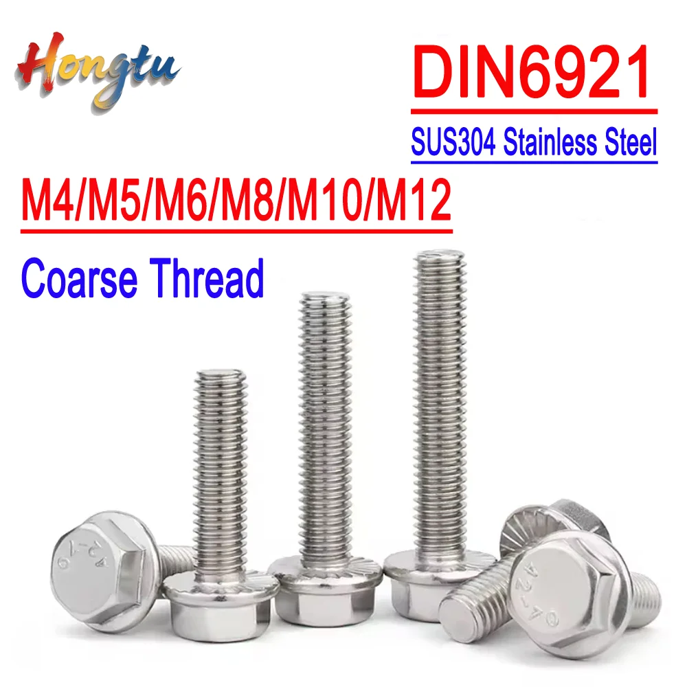 

Hongtu SUS304 A2-70 Stainless Steel Hexagon Serrated Flange Cap Screws - DIN6921 Hex Washer Flange Bolts (M4 M5 M6 M8 M10 M12)