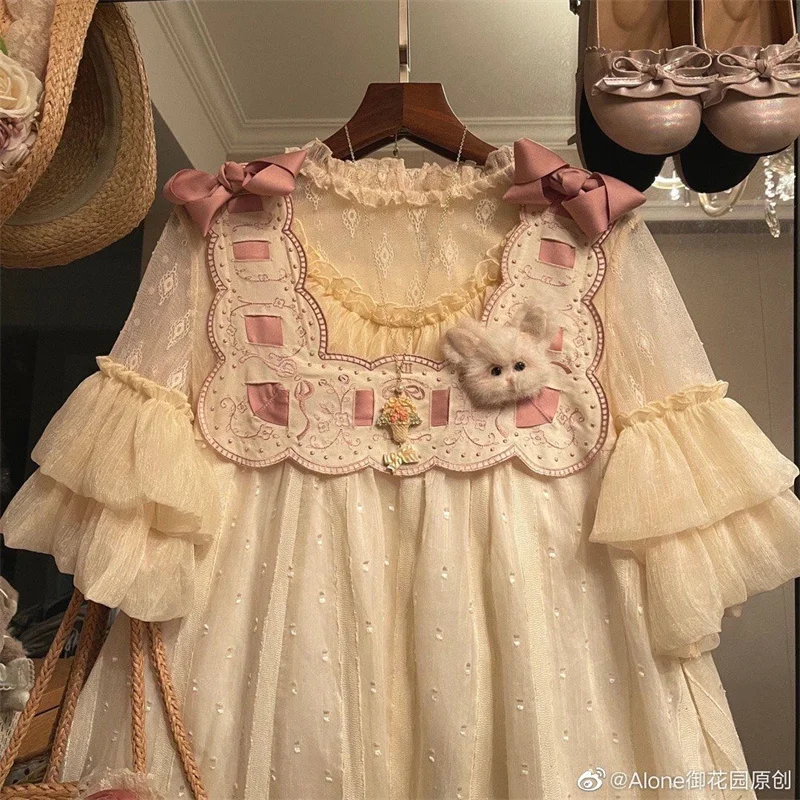 Kawaii Lolita Fashion Underwear Blouse For Woman Clothes Victorian Lace Puff Sleeve Chiffon Shirt Ruffles Sweet Girl Inside Tops