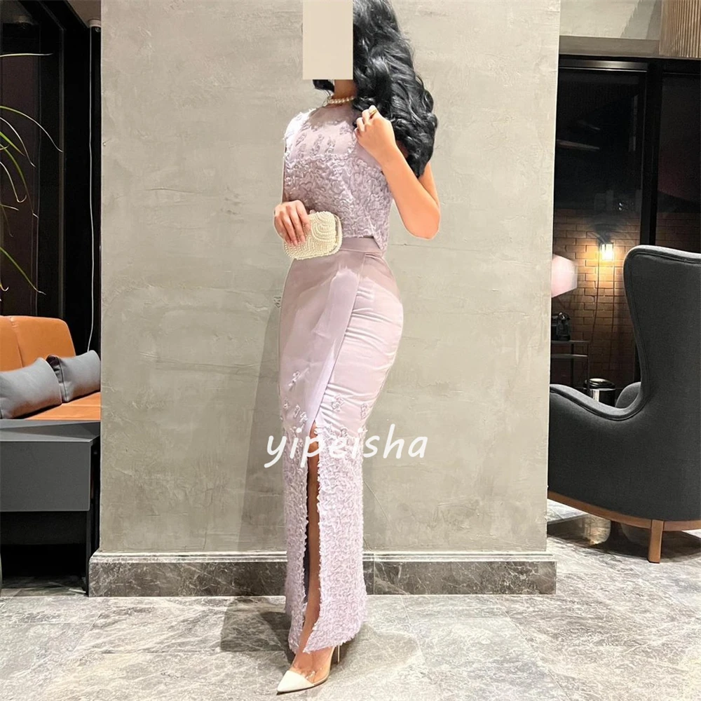 Jersey bunga Ruched Hari Valentine A-line kerah tinggi Bespoke gaun acara gaun Midi