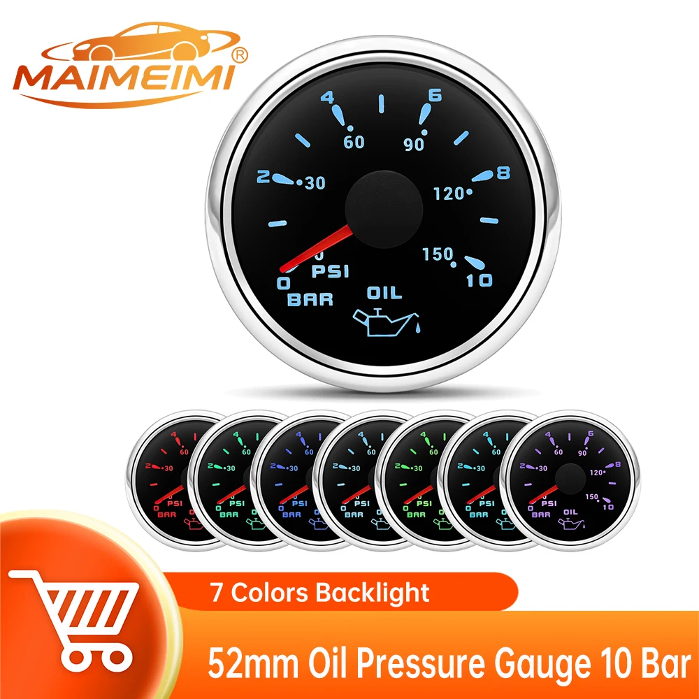 52mm Oil Pressure Gauge 10 Bar 7 Colors Backlight Oil Pressure Meters or Oil Press Sensor for Marine Boat Yacht Car 9~32V