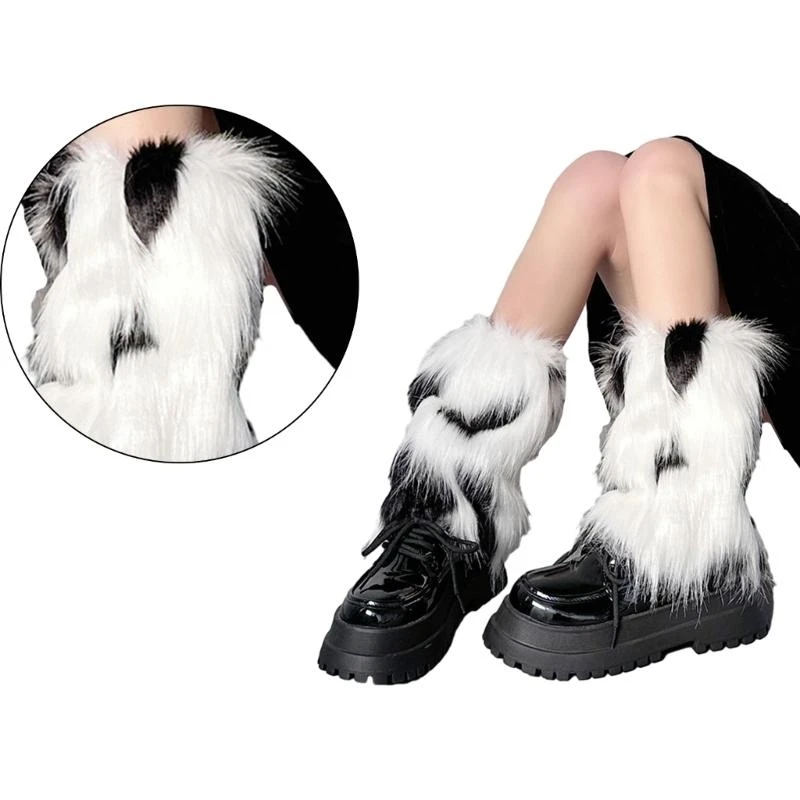 Women JK Girls Cover Goth Punk Ribbon Bowknot Furry Plush Leg Warmer Socks 15UB