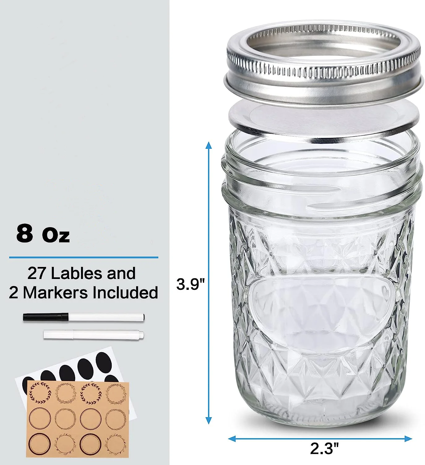 Mason Jars 8 oz with Airtight Lids, Glass Regular Mouth Canning Jars, Small Quilted Crystal Jars for Jelly, Jam, Overnight Oats