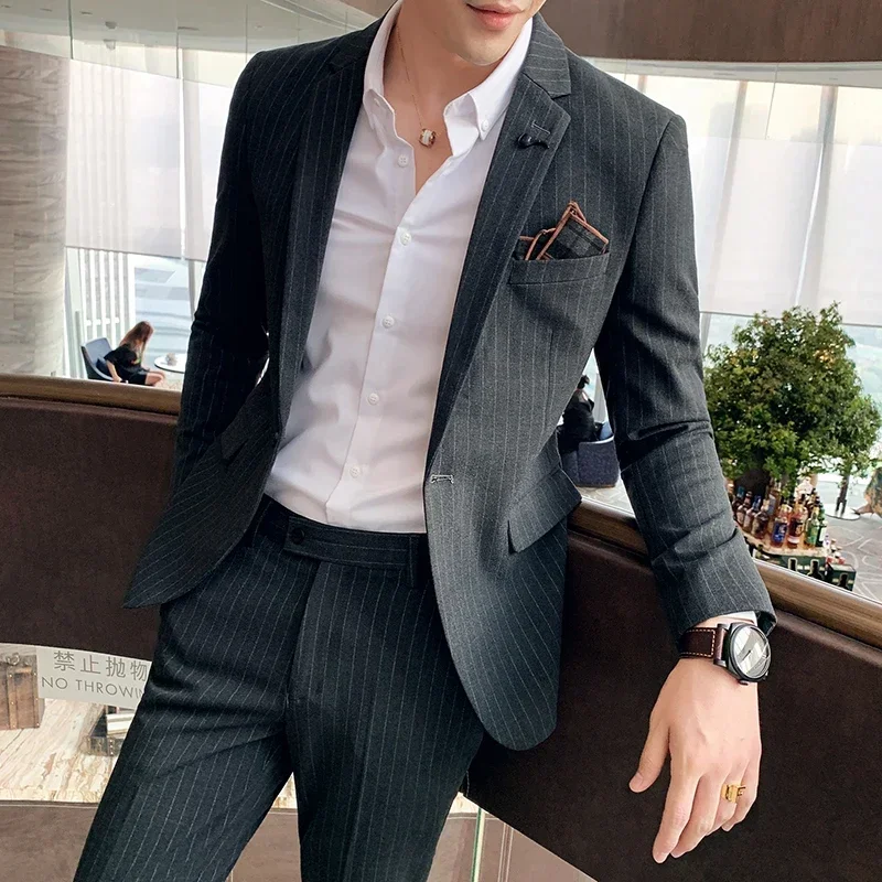 ( Blazer + Pants ) High-end Brand Formal Business Plaid Mens Suit Groom Wedding Dress Solid Color Stage Performance Tuxedo S-7XL