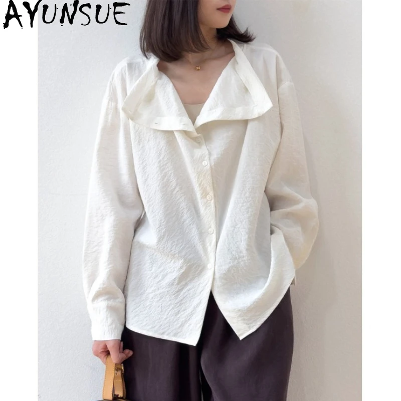 

AYUNSUE Женские блузки и рубашки из 76% шелка, повседневные топы с длинными рукавами для женщин, белая блузка с воротником-стойкой, женская одежда Ropa Mujer