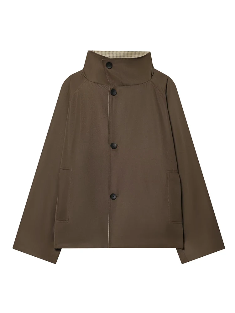 TFMLN Chic Women Reversible Jacket Stand Collar Full Sleeve Button Cropped Trench Coat New Casual Autumn Two Side Outerwear