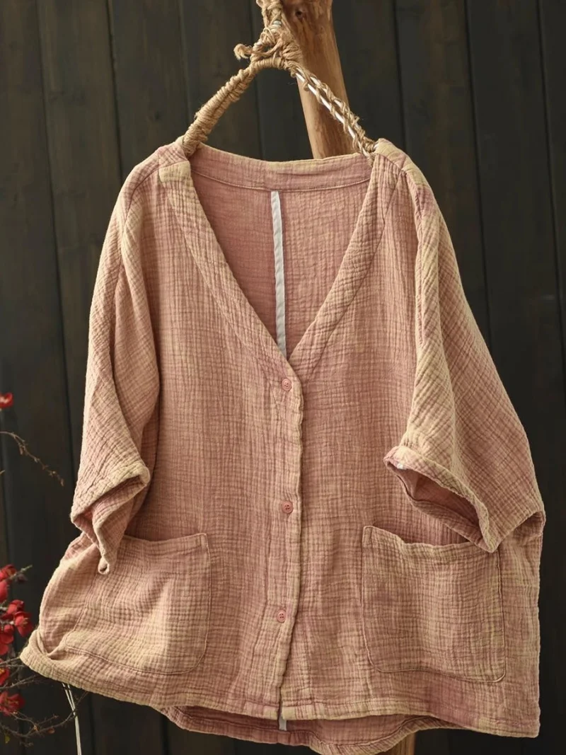Silent Art V-neck Double Layer Cotton Yarn Vintage Cardigan Shirt For Women Summer 2025 Loose Short Coat Breathable Top w375