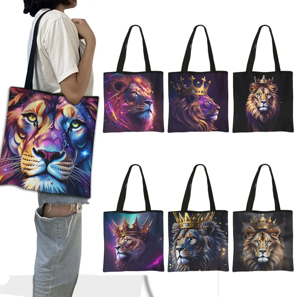 Lion with Crown Painting Tote Bag Fantasy Galaxy Shoulder Bag Women Shopping Bag Canvas Bag for Travel Book Bag Shopper Bag